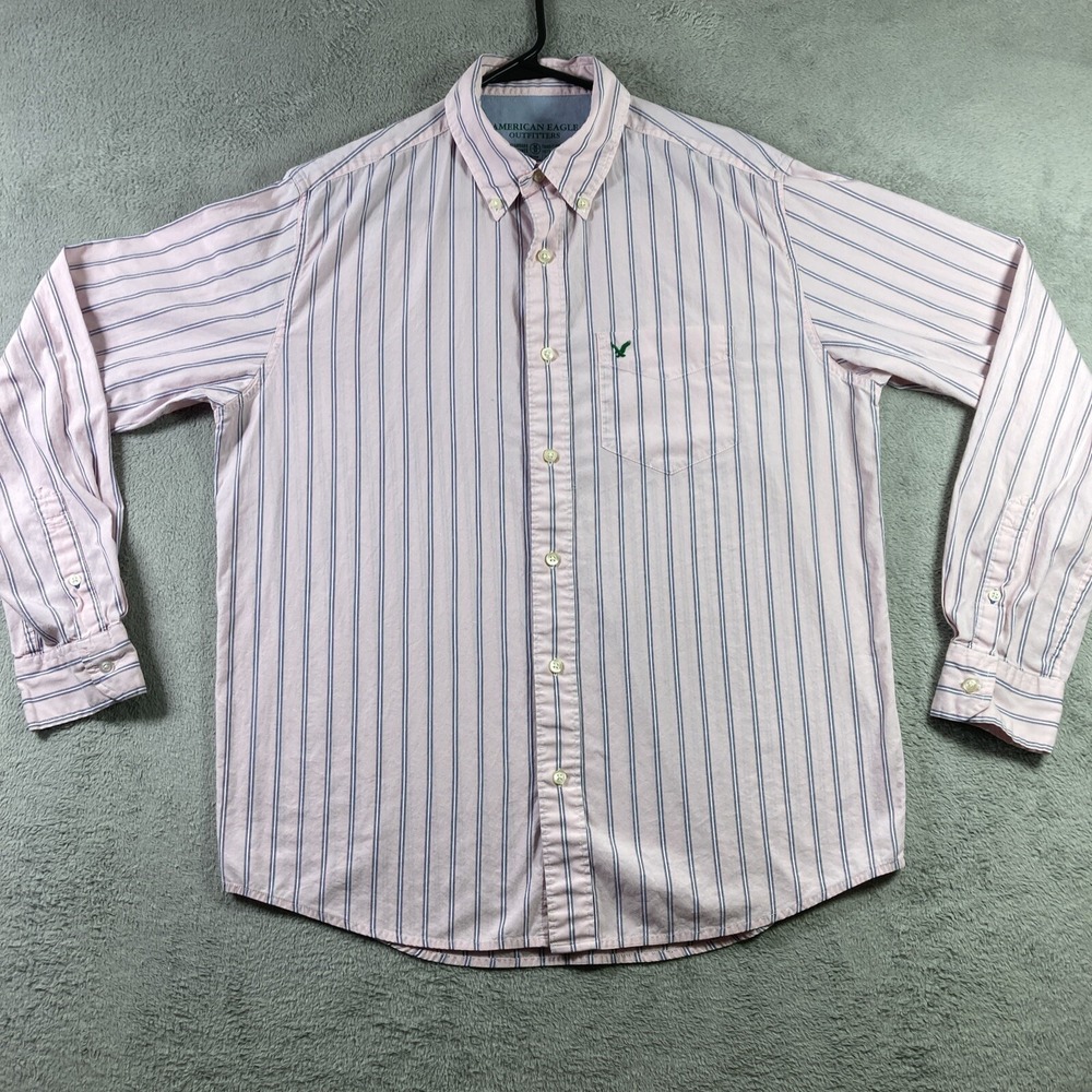 American Eagle Outfitters Shirt Men Medium Pink Striped Button Down Pocket Logo
